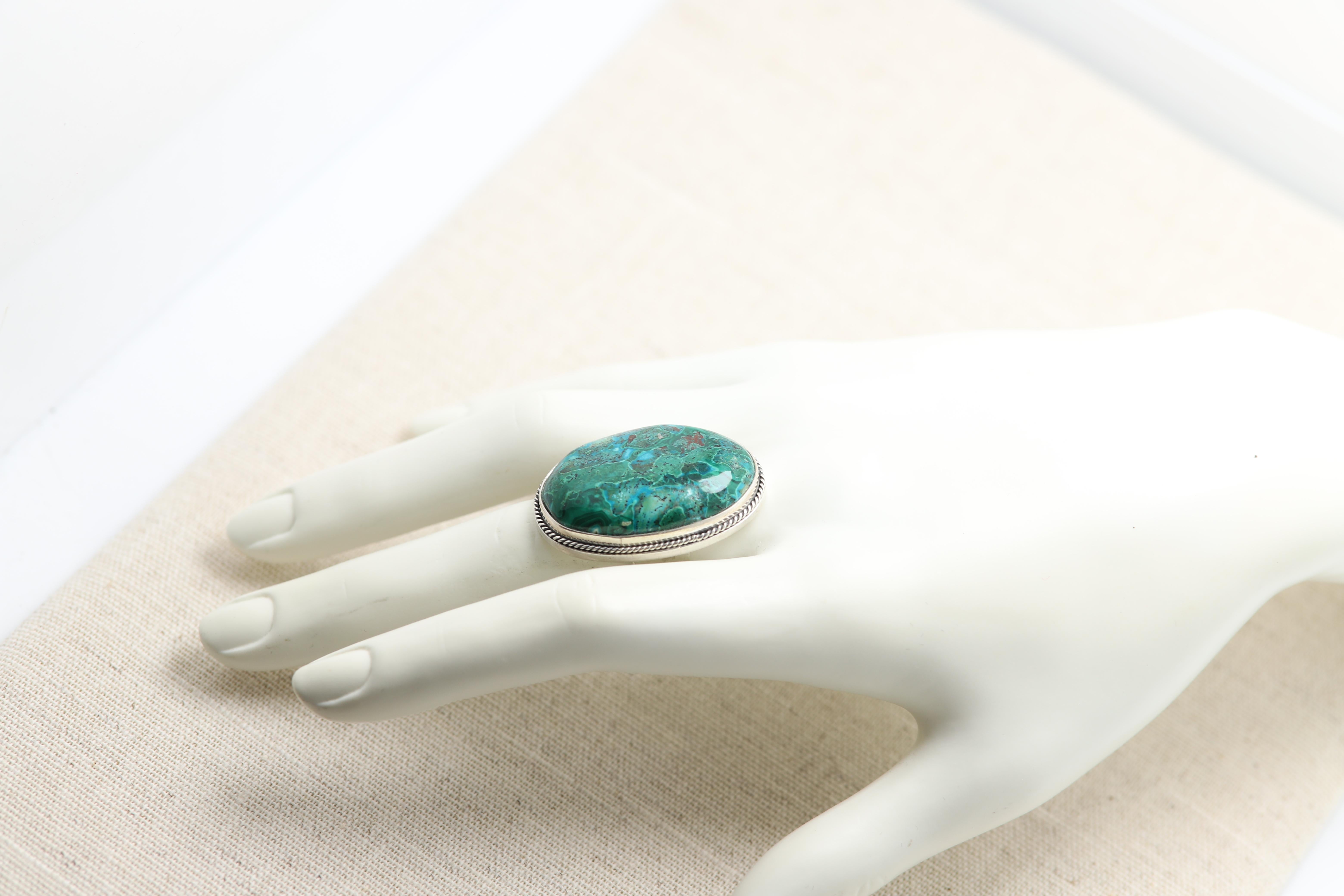 Azurite-Malachite Natural Stone Set Pendant and Ring Sterling Silver 925 In New Condition For Sale In Brooklyn, NY