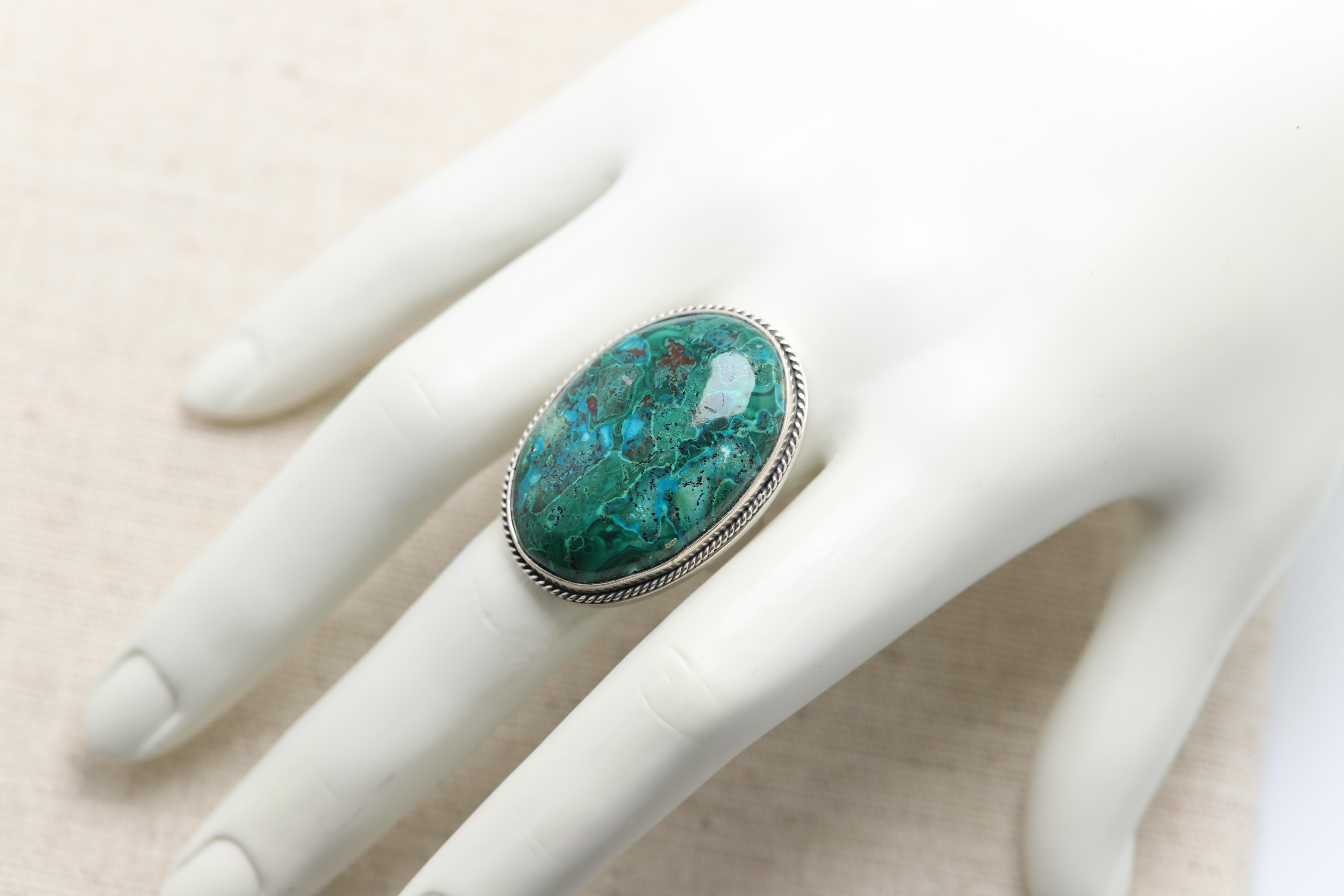 Round Cut Azurite-Malachite Natural Stone Set Pendant and Ring Sterling Silver 925 For Sale