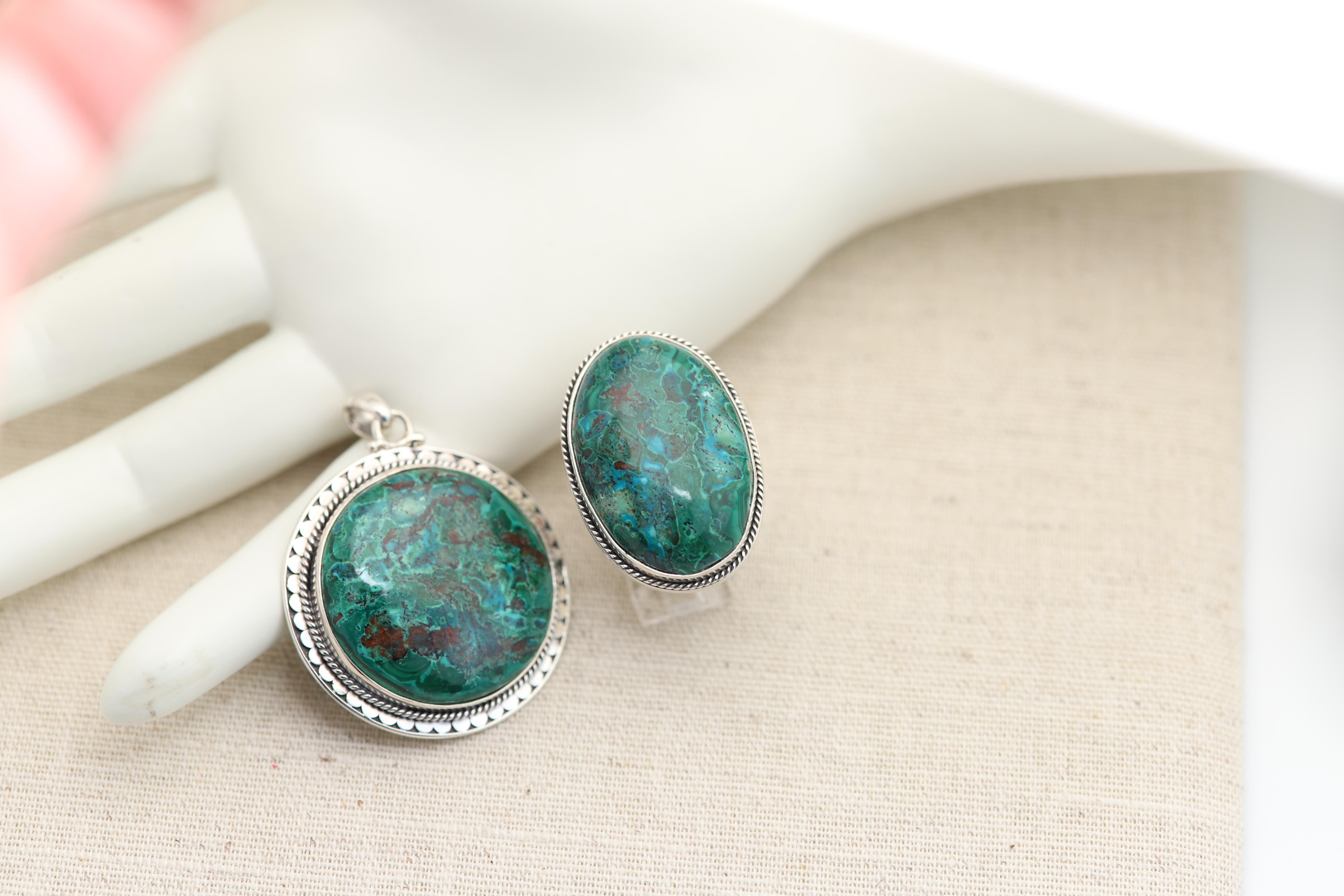 Azurite-Malachite Natural Stone Set Pendant and Ring Sterling Silver 925 For Sale 1