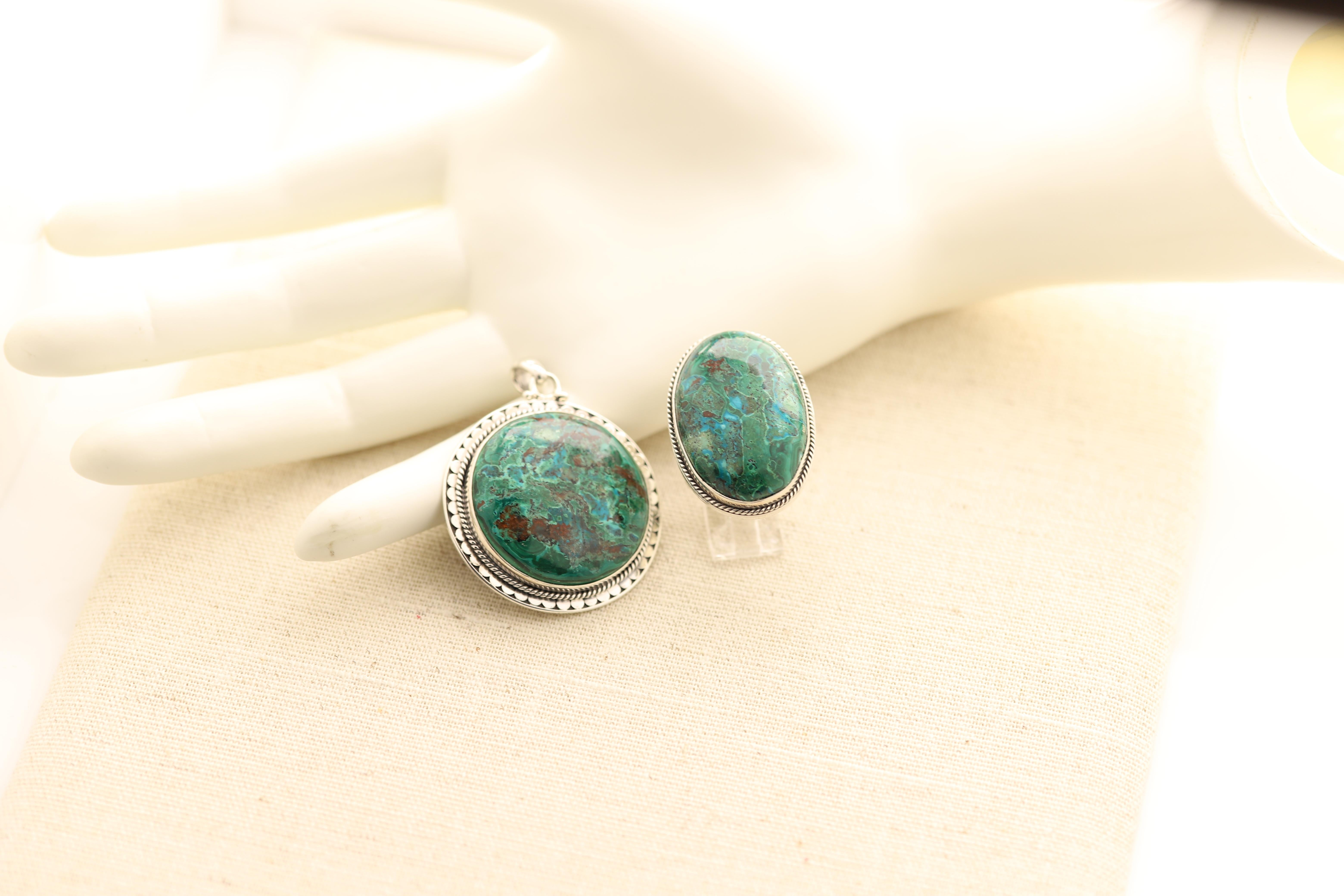 Azurite-Malachite Natural Stone Set Pendant and Ring Sterling Silver 925 For Sale 2