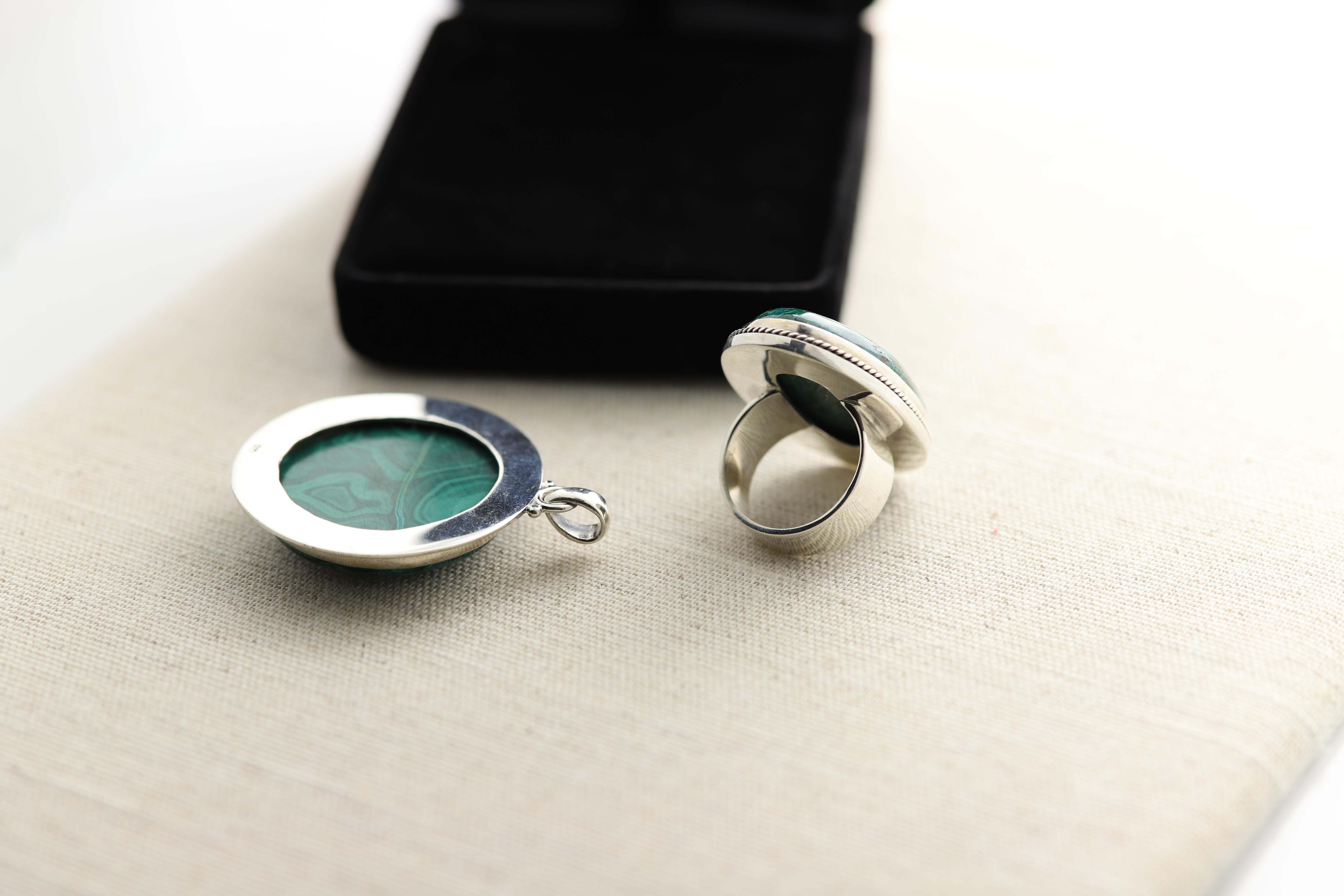 Azurite-Malachite Natural Stone Set Pendant and Ring Sterling Silver 925 For Sale 3