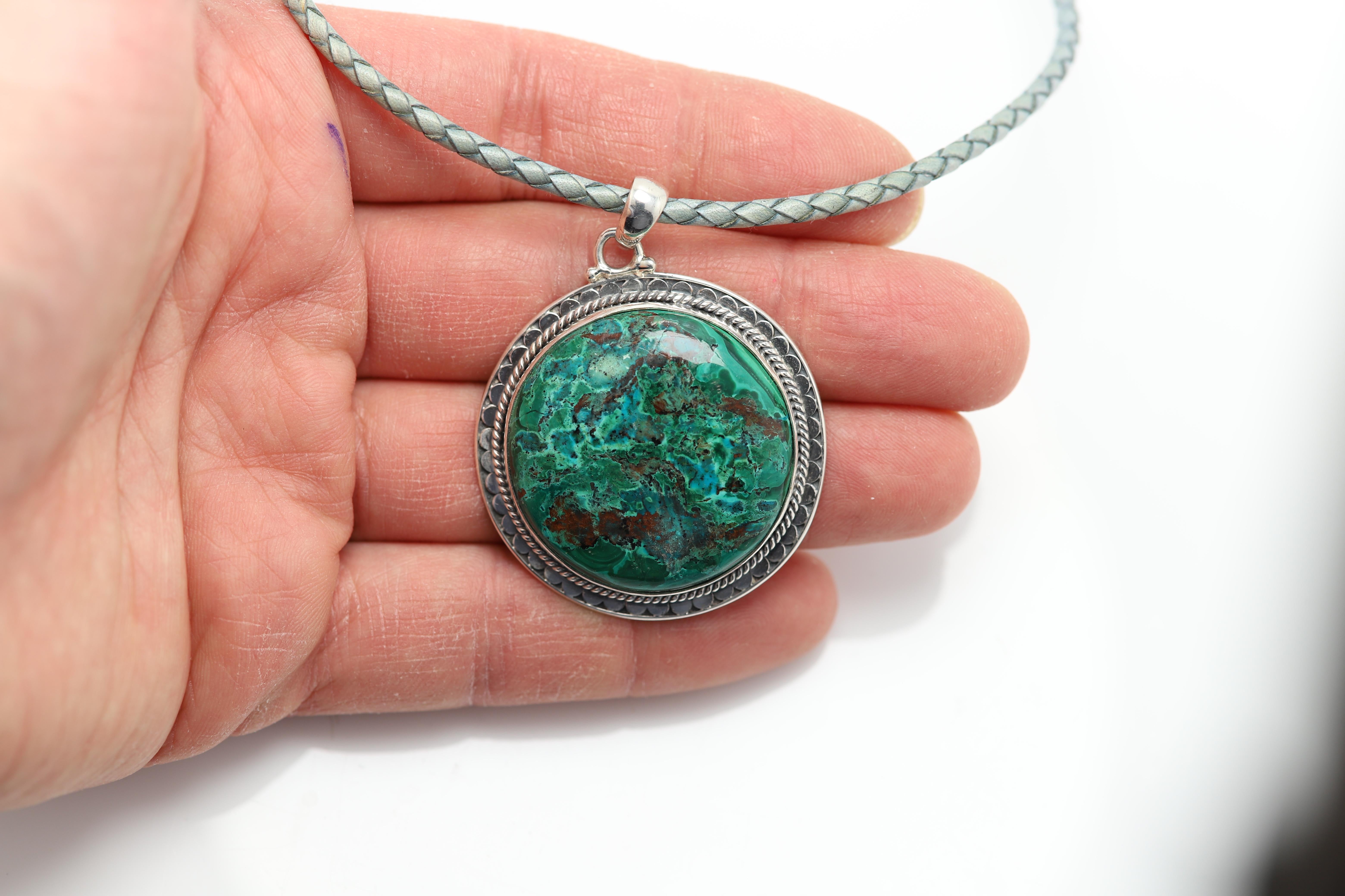 Azurite-Malachite Natural Stone Set Pendant and Ring Sterling Silver 925 For Sale 4
