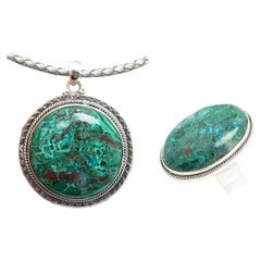Vintage Azurite-Malachite Natural Stone Set Pendant and Ring Sterling Silver 925