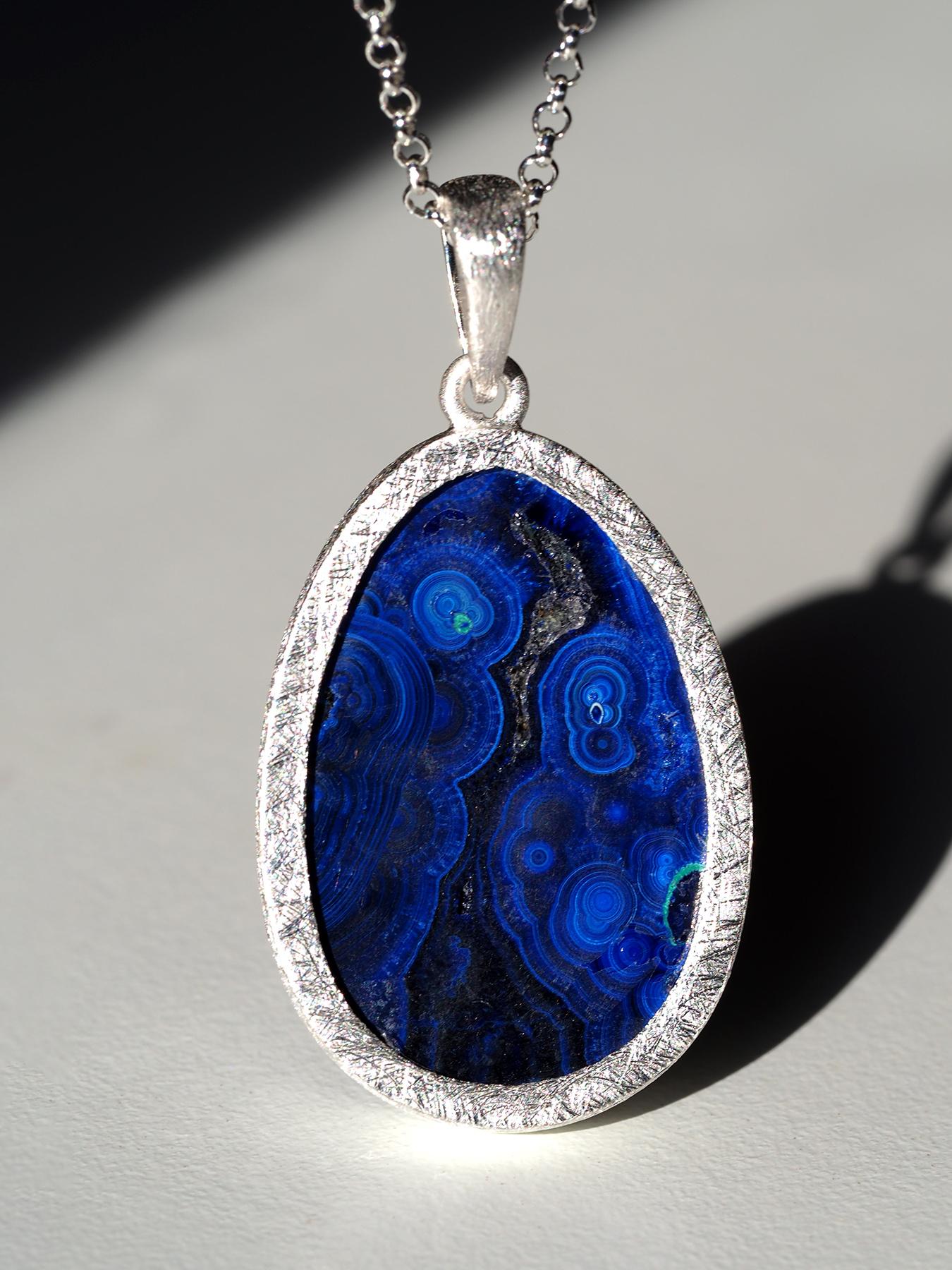 Azurite Malachite Ciondolo d'argento Blu Greene & Greene Grande Collana di pietre preziose in vendita 4