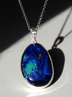Azurite Malachite Silver Pendant Blue Green Big Gemstone Necklace