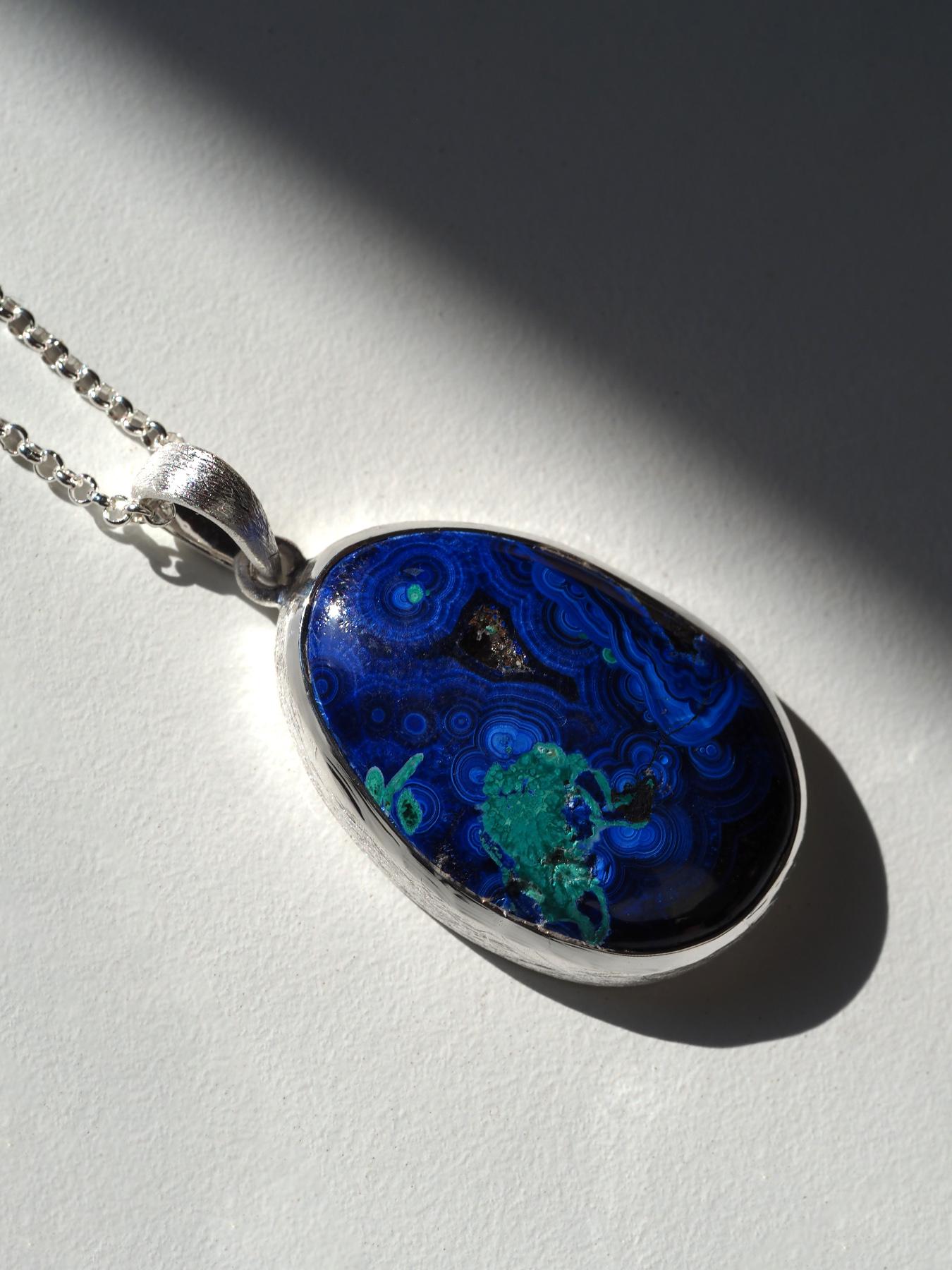 da uomo o donna Azurite Malachite Ciondolo d'argento Blu Greene & Greene Grande Collana di pietre preziose in vendita