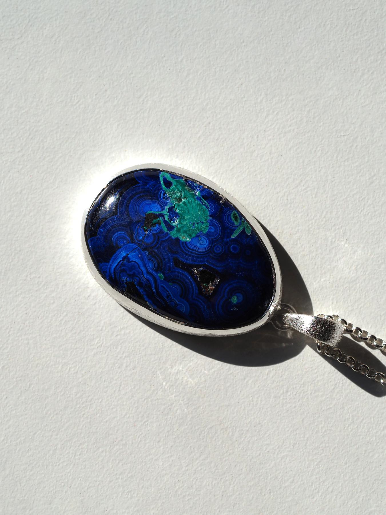 Azurite Malachite Ciondolo d'argento Blu Greene & Greene Grande Collana di pietre preziose in vendita 2