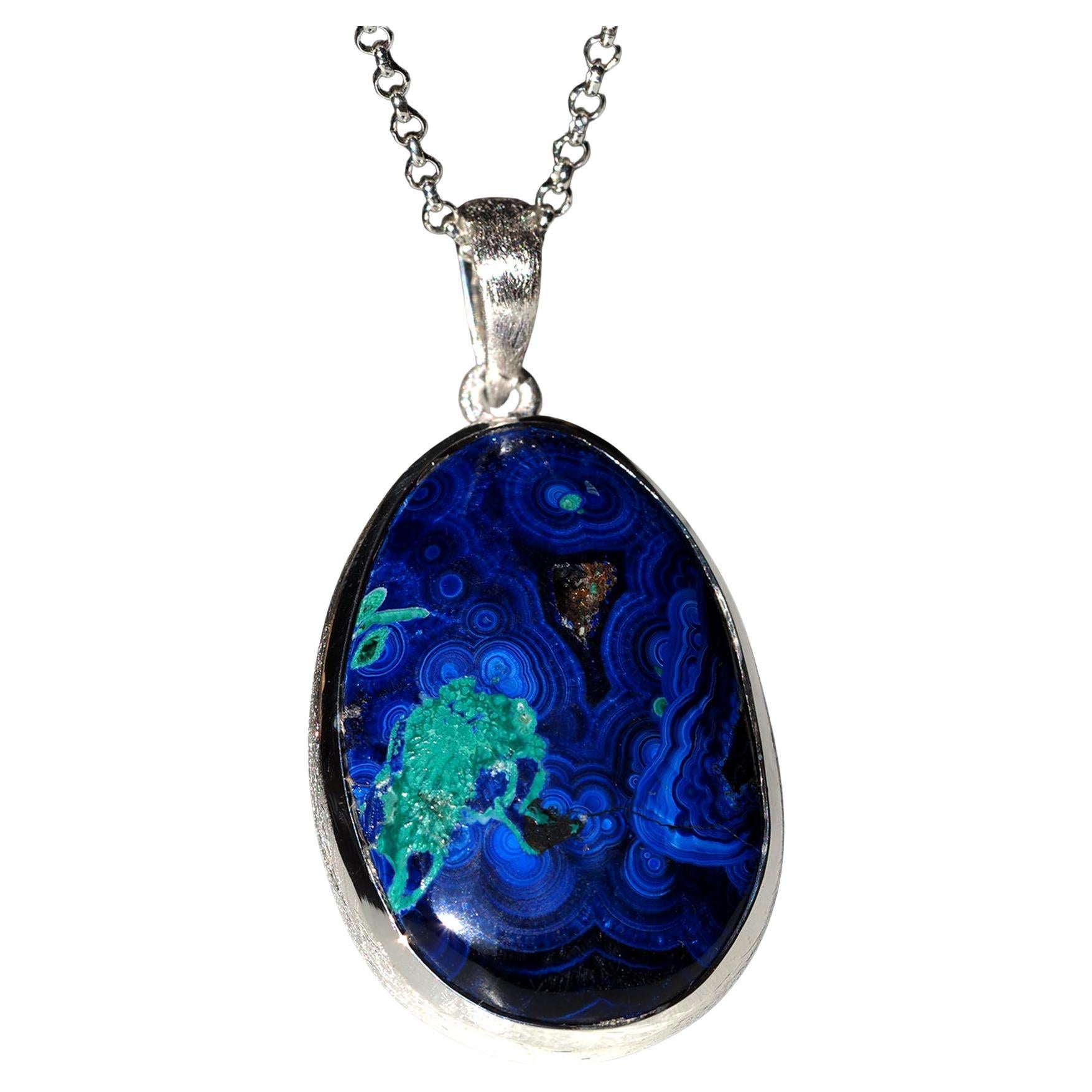 Azurite Malachite Ciondolo d'argento Blu Greene & Greene Grande Collana di pietre preziose
