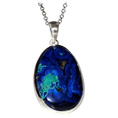 Azurite Malachite Silver Pendant Blue Green Big Gemstone Necklace