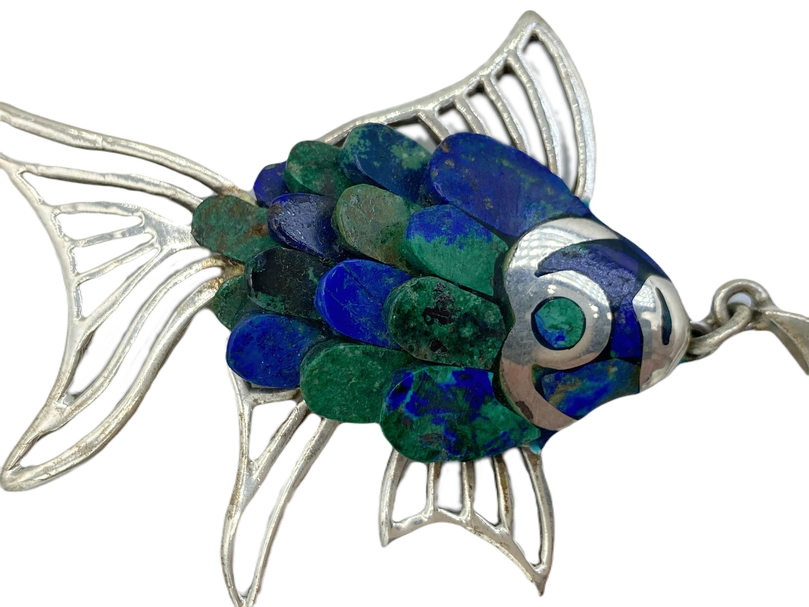 Azurit Malachit Sterling Silber Fisch Dimensionale Schuppen Taxco Mexico Halskette (Kunsthandwerker*in) im Angebot