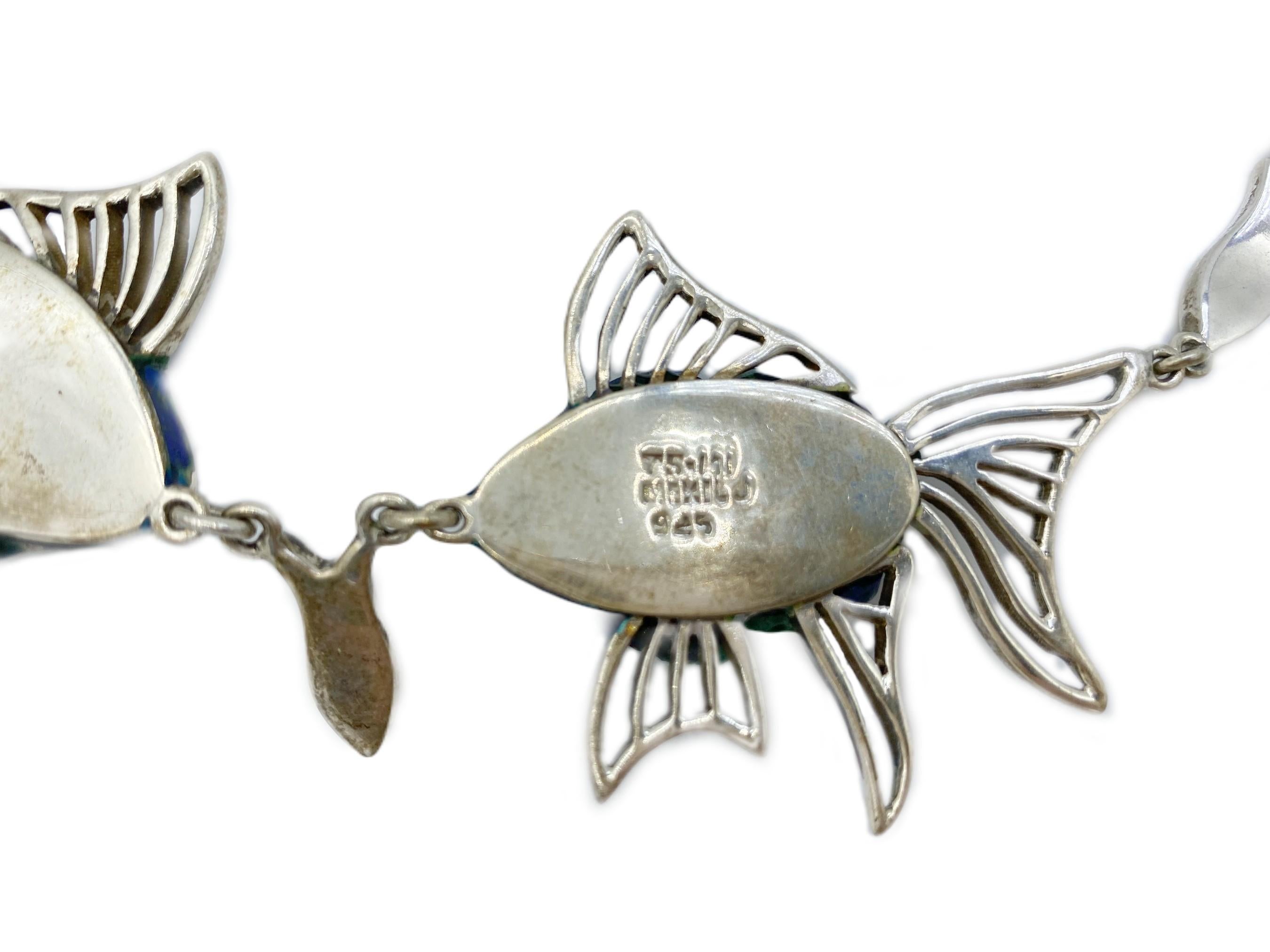 Azurit Malachit Sterling Silber Fisch Dimensionale Schuppen Taxco Mexico Halskette im Zustand „Hervorragend“ im Angebot in North Attleboro, MA