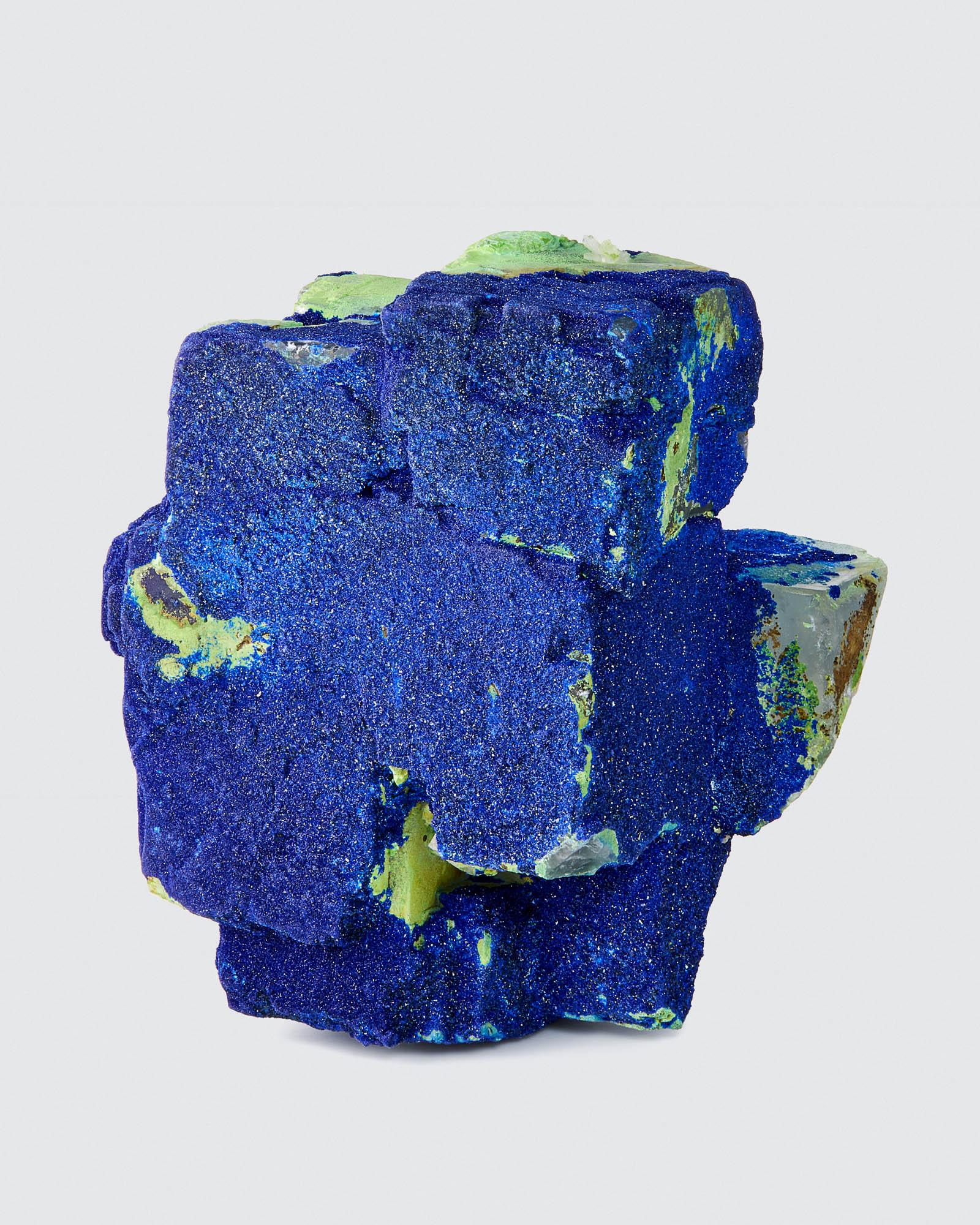 Azurite over Fluorite, Qinglong Mine, Qinglong Co., Qianxinan, Guizhou, China
10 cm tall x 9 cm wide
Here before us is an example of the seemingly endless variety of minerals from China. This azurite over fluorite from China represents a very rare