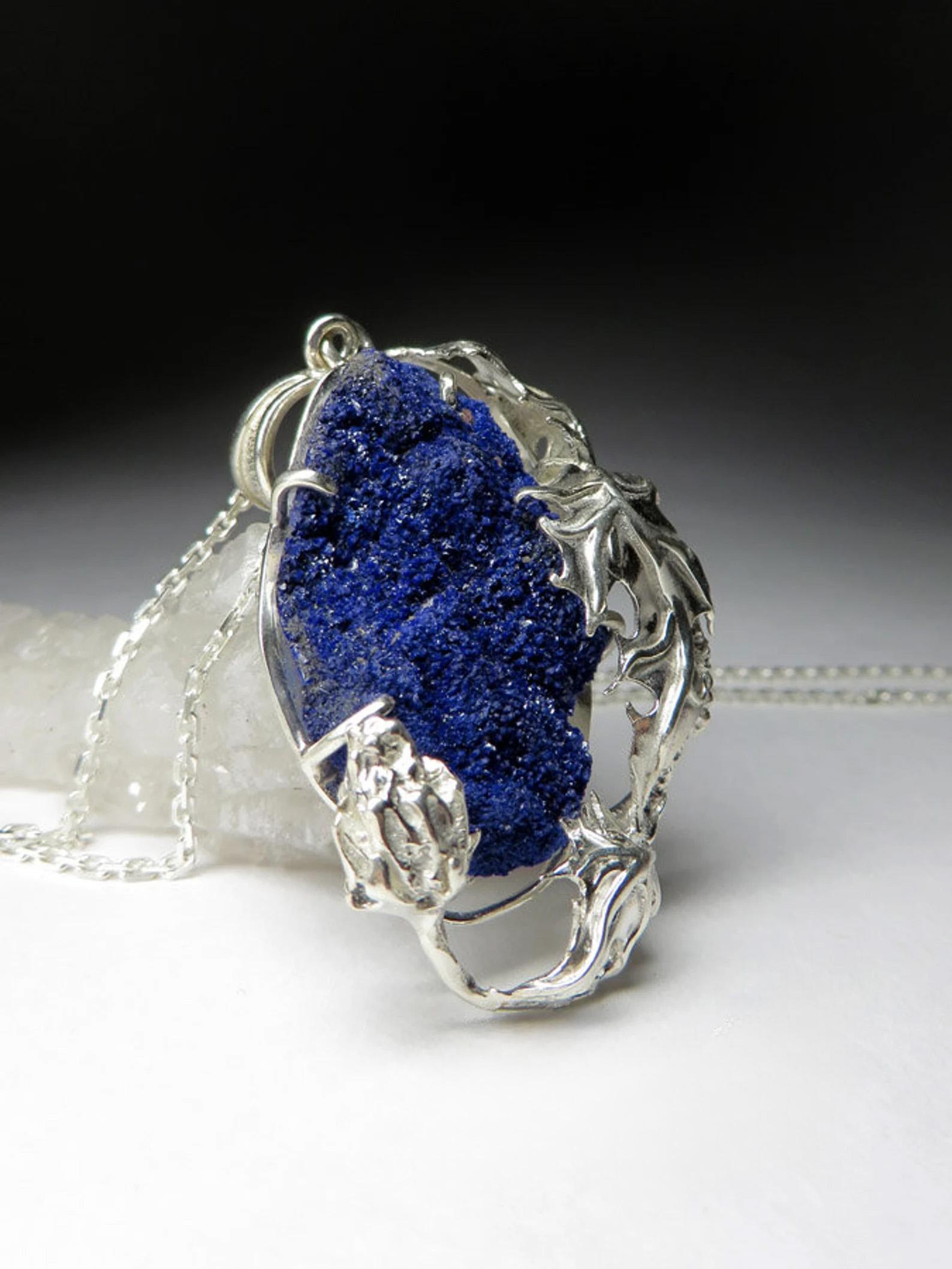 Artisan Azurite Raw Crystal Silver Pendant Art Nouveau style Jewelry gift Vintage style For Sale