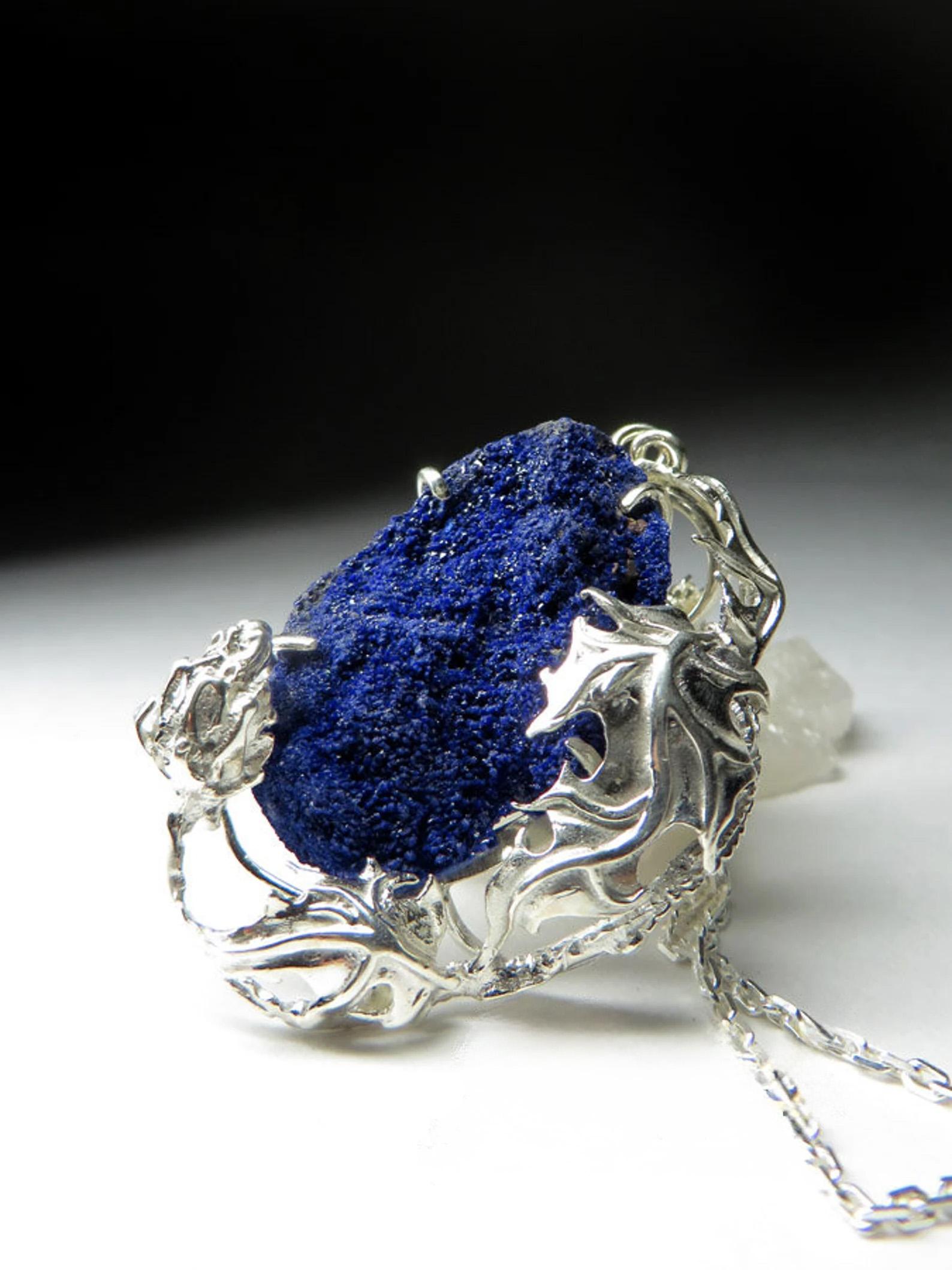 Uncut Azurite Raw Crystal Silver Pendant Art Nouveau style Jewelry gift Vintage style For Sale