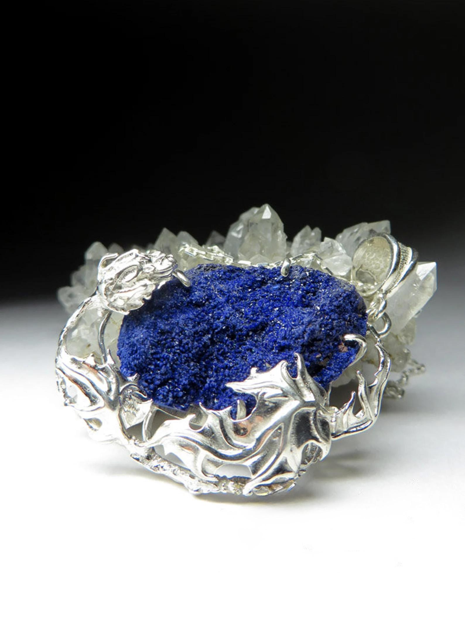 Azurite Raw Crystal Silver Pendant Art Nouveau style Jewelry gift Vintage style In New Condition For Sale In Berlin, DE