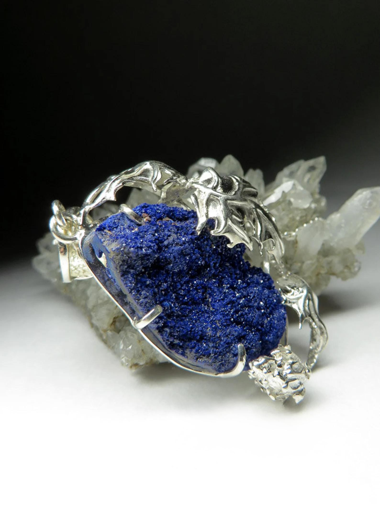 Azurite Raw Crystal Silver Pendant Art Nouveau style Jewelry gift Vintage style For Sale 1