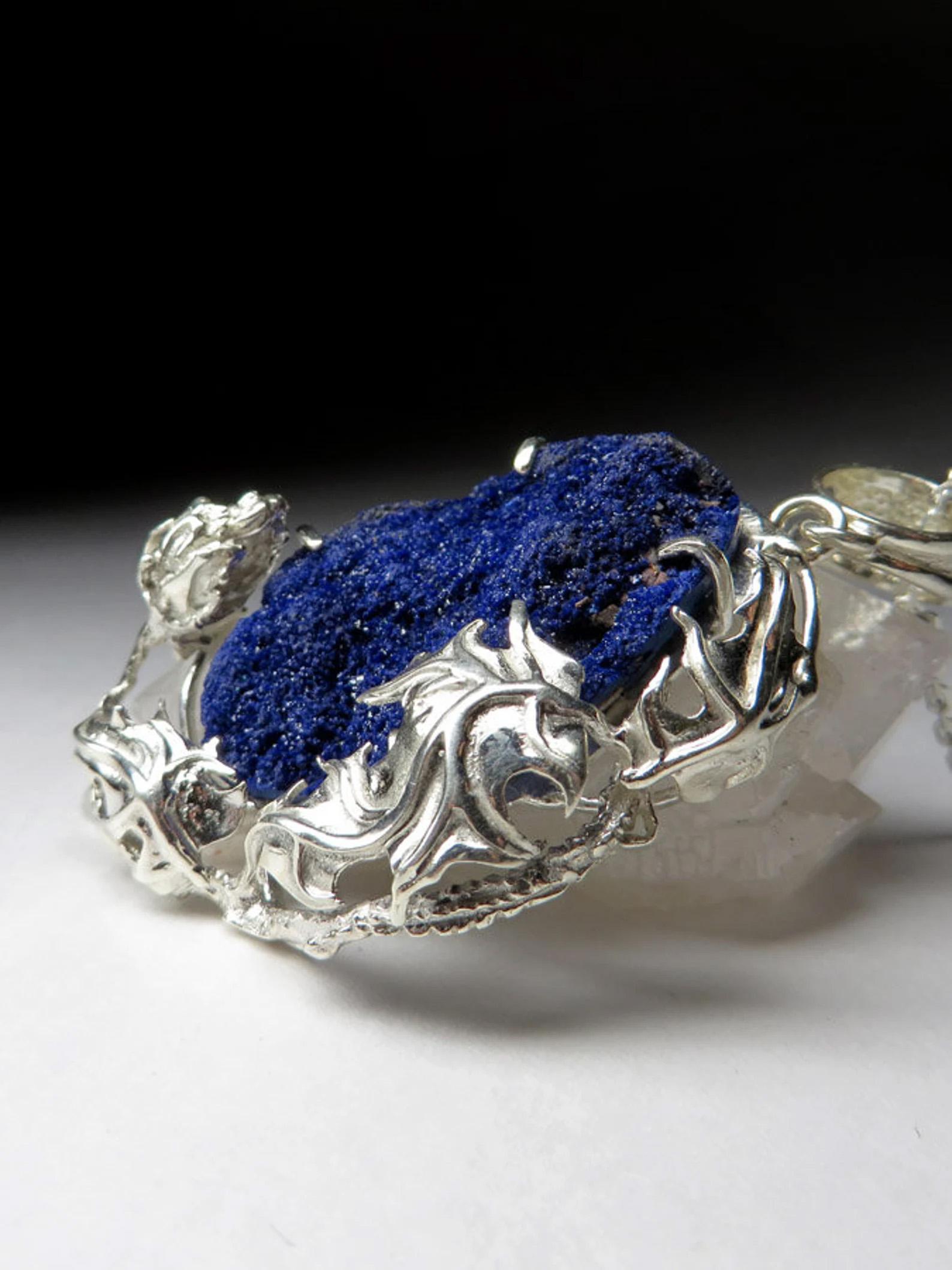 Azurite Raw Crystal Silver Pendant Art Nouveau style Jewelry gift Vintage style For Sale 2