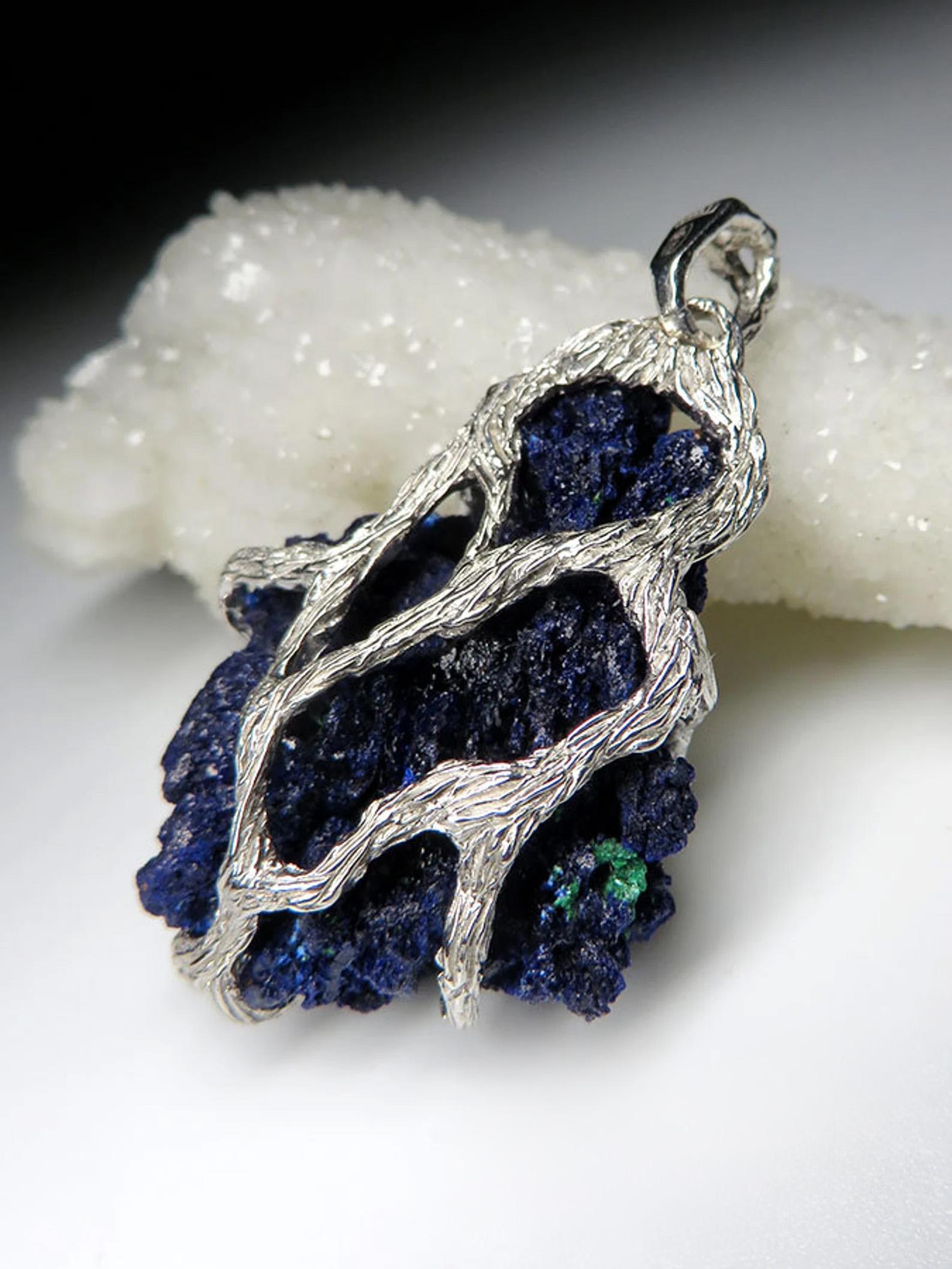 Artisan Azurite Silver Pendant Raw Crystal Healing jewelry Blue Navy valentines day gift For Sale