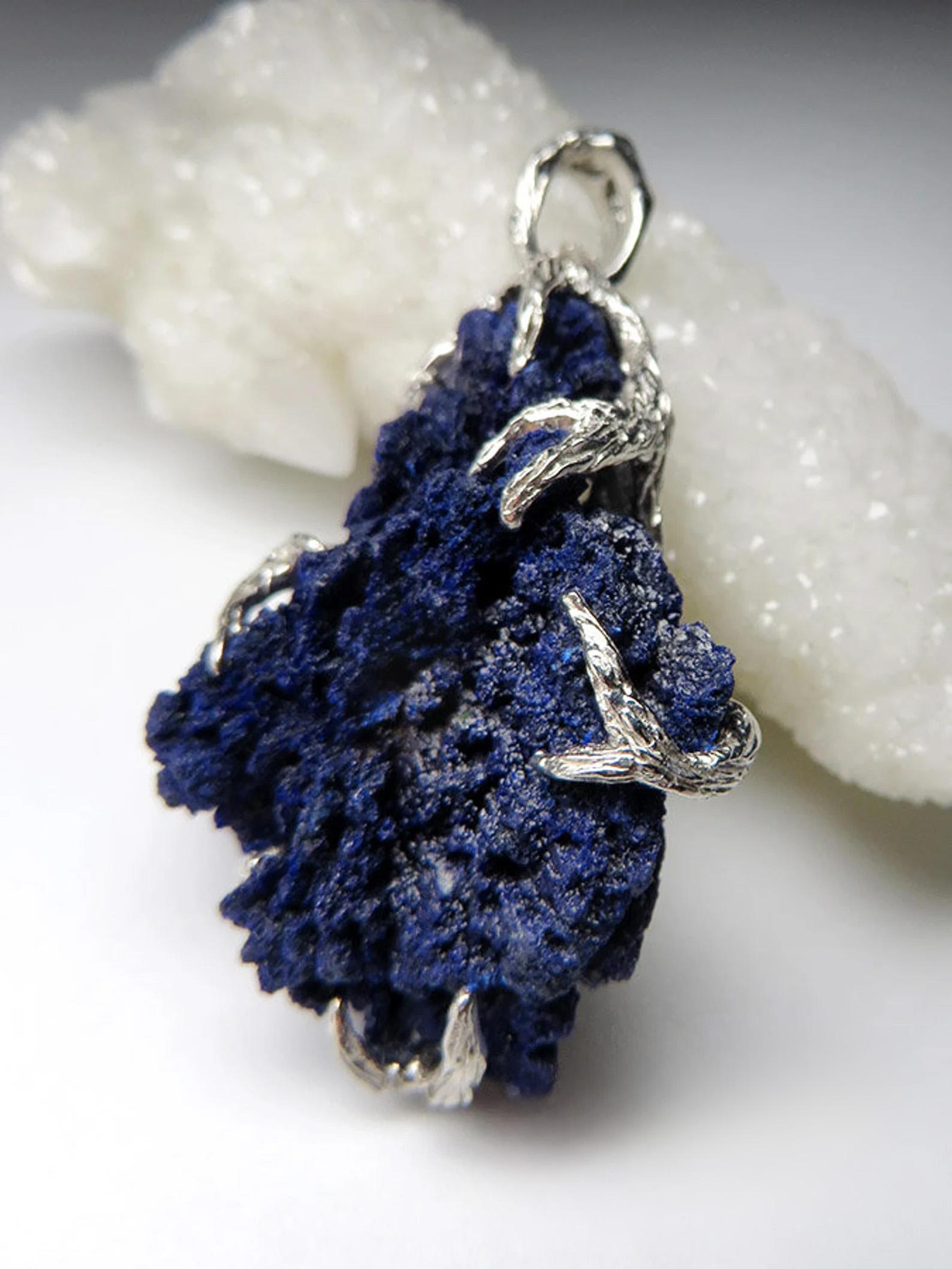 Azurite Silver Pendant Raw Crystal Healing jewelry Blue Navy valentines day gift For Sale 3