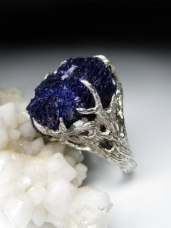Azurite Silver Ring Amazing Rare Natural Blue Raw Azurite Crystals Gemstone