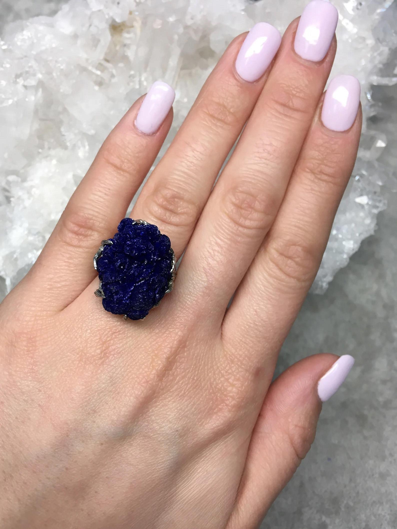 Azurit Silber Ring Amazing Rare Natural Blue Raw Azurite Kristalle Edelstein  (Kunsthandwerker*in) im Angebot