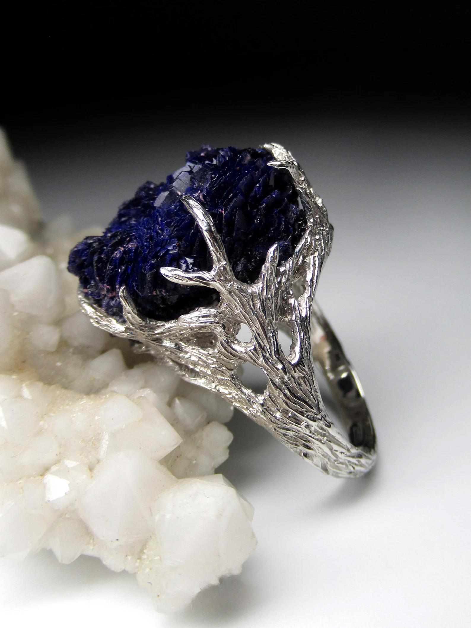 Azurit Silber Ring Amazing Rare Natural Blue Raw Azurite Kristalle Edelstein  (Ovalschliff) im Angebot