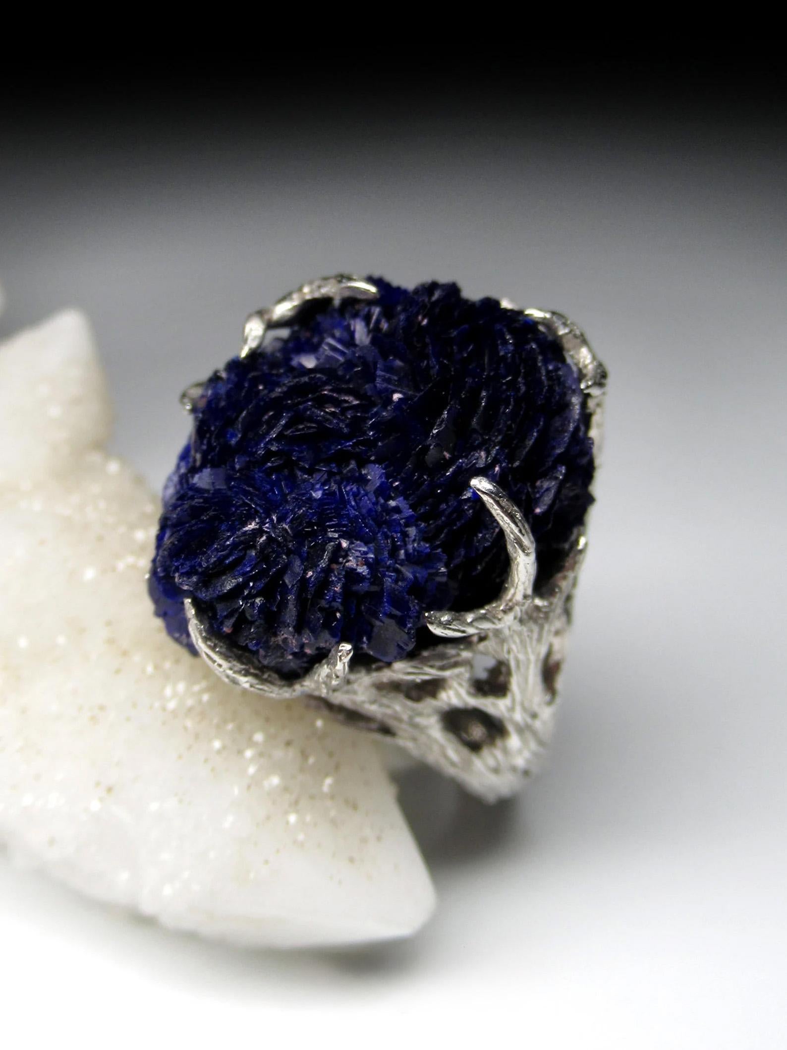 Artisan Azurite Silver Ring Amazing Rare Natural Blue Raw Azurite Crystals Gemstone  For Sale