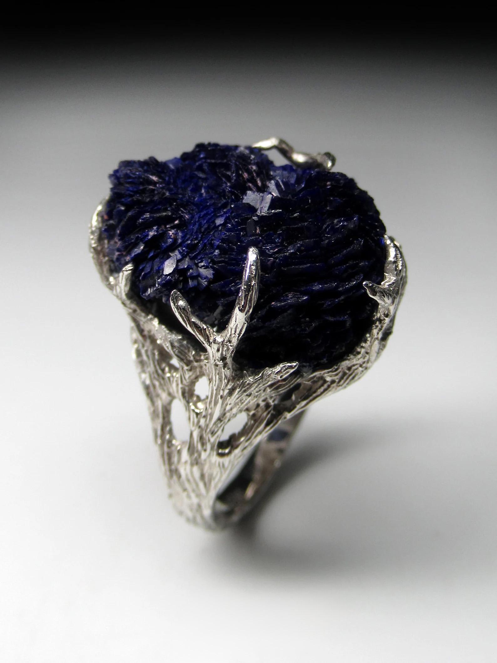 Oval Cut Azurite Silver Ring Amazing Rare Natural Blue Raw Azurite Crystals Gemstone  For Sale