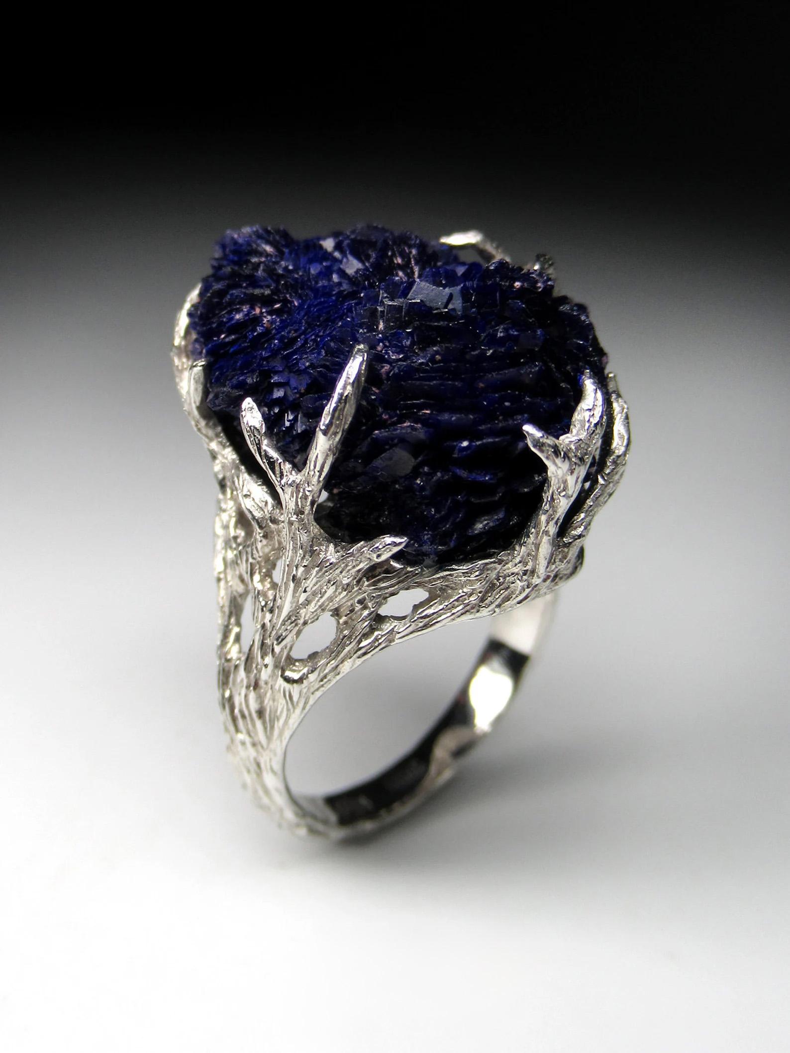Azurite Silver Ring Amazing Rare Natural Blue Raw Azurite Crystals Gemstone  In New Condition For Sale In Berlin, DE