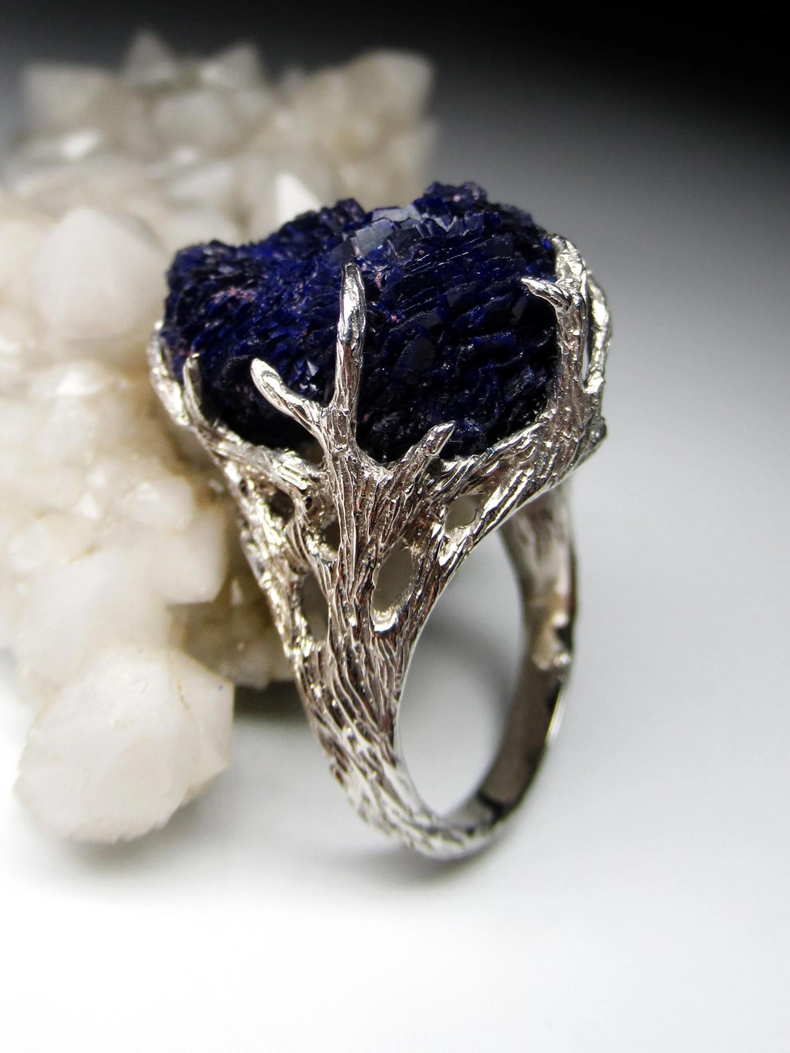 Women's or Men's Azurite Silver Ring Amazing Rare Natural Blue Raw Azurite Crystals Gemstone  For Sale