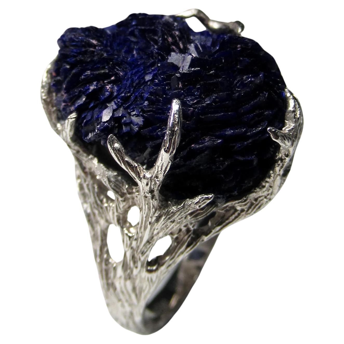 Azurite Silver Ring Amazing Rare Natural Blue Raw Azurite Crystals Gemstone  For Sale