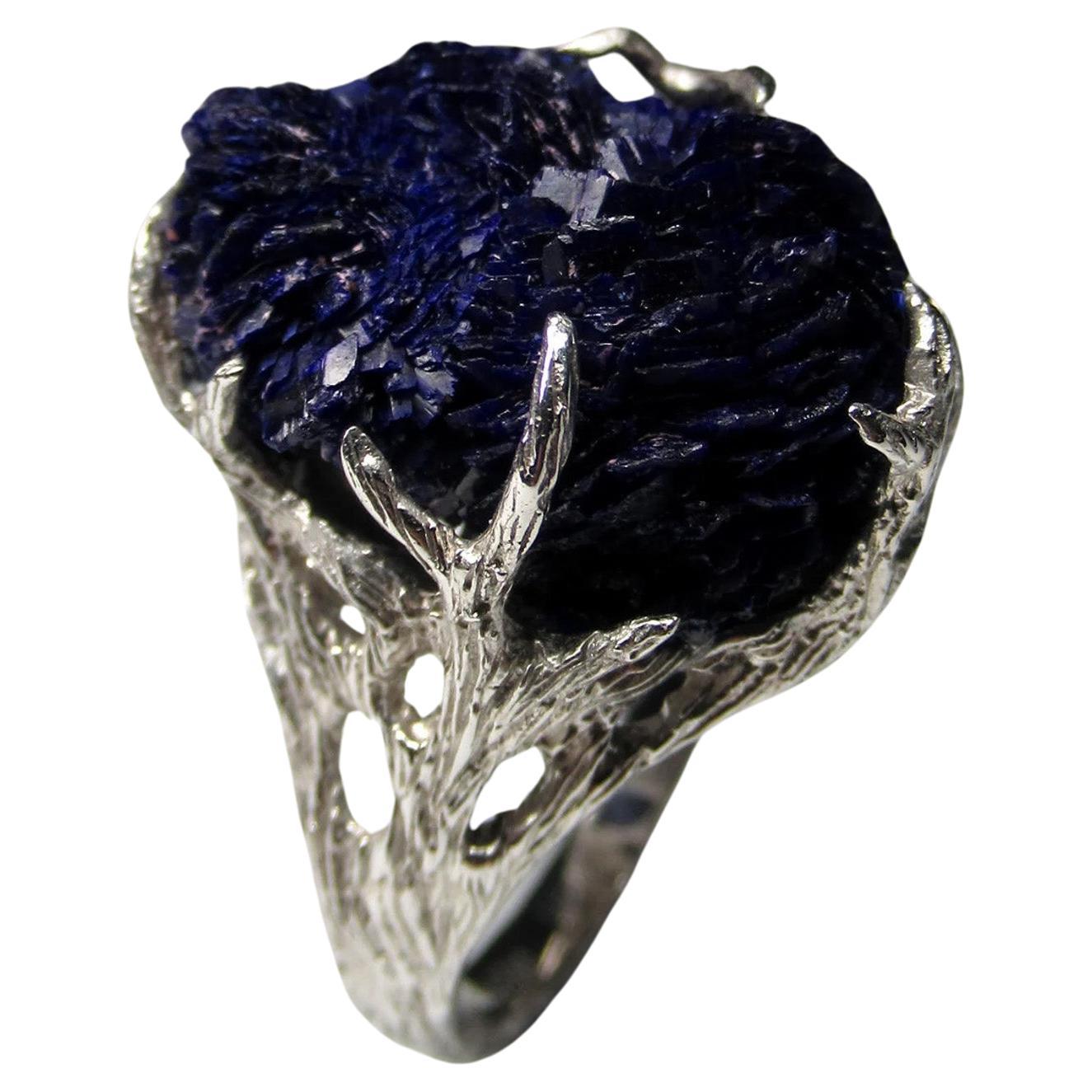 Azurite Silver Ring Amazing Rare Natural Blue Raw Azurite Crystals Gemstone
