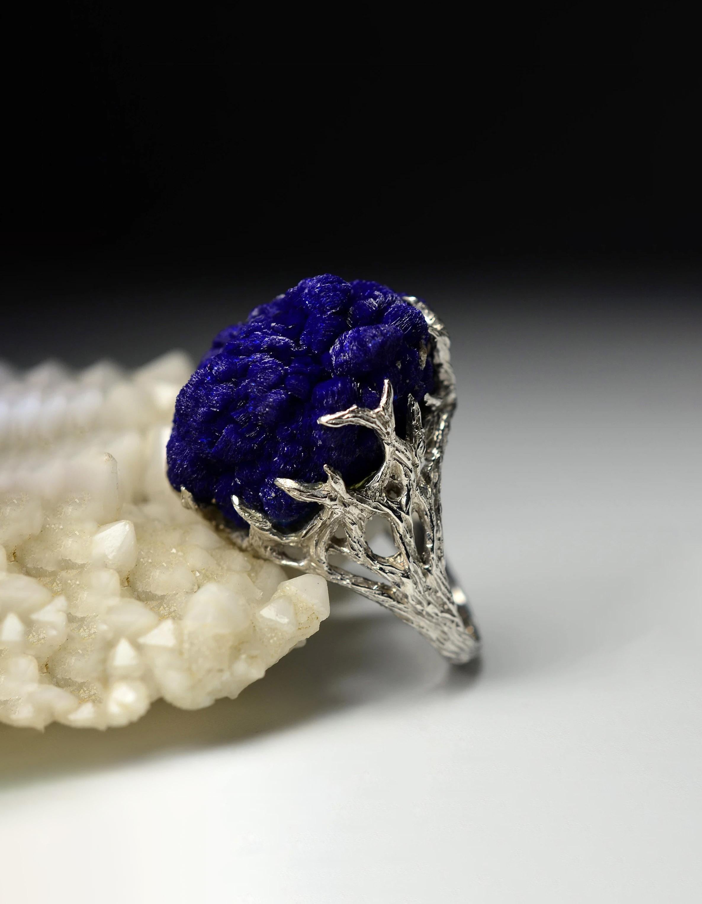 Artisan Azurite Silver Ring Rare Natural Raw crystal Blue healing jewelry gift idea art For Sale