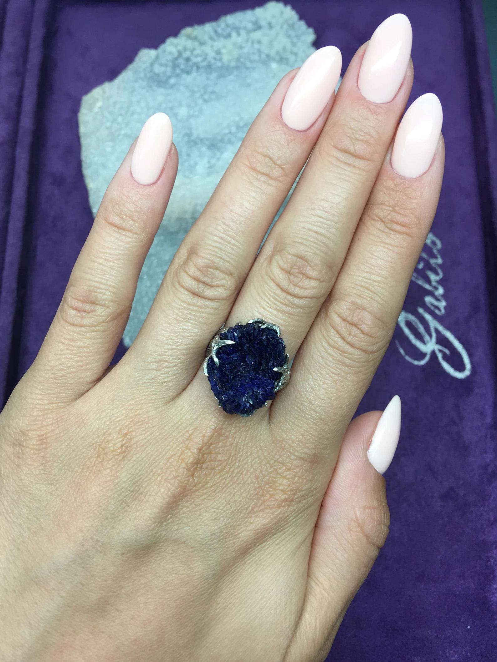 Oval Cut Azurite Silver Ring Rare Natural Raw crystal Blue healing jewelry gift idea art For Sale