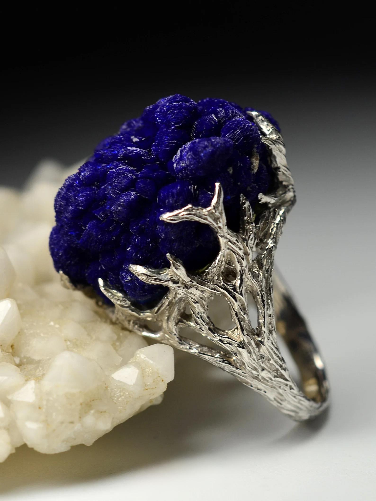 Azurite Silver Ring Rare Natural Raw crystal Blue healing jewelry gift idea art In New Condition For Sale In Berlin, DE