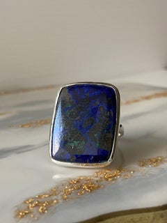 Azurite silver ring with malachite inclusion
