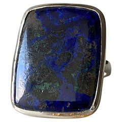 Azurite silver ring with malachite inclusion