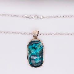 Azurite Sterling Pendant, Oval Organic Azurite in Bezel with Handmade Link Chain