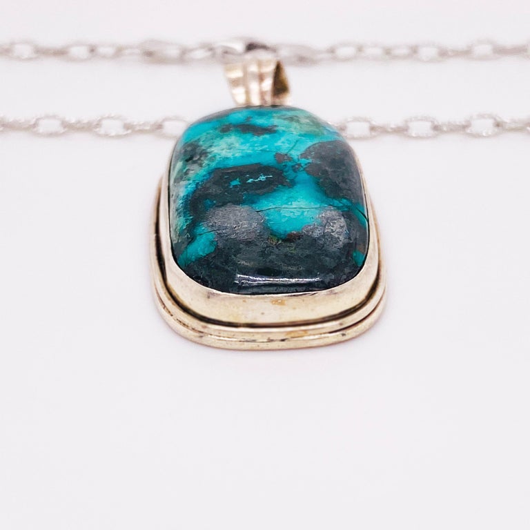 Modernist Azurite Sterling Pendant, Oval Organic Azurite in Bezel with Handmade Link Chain For Sale