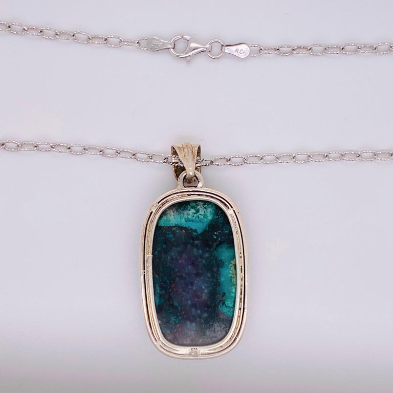 Cushion Cut Azurite Sterling Pendant, Oval Organic Azurite in Bezel with Handmade Link Chain For Sale