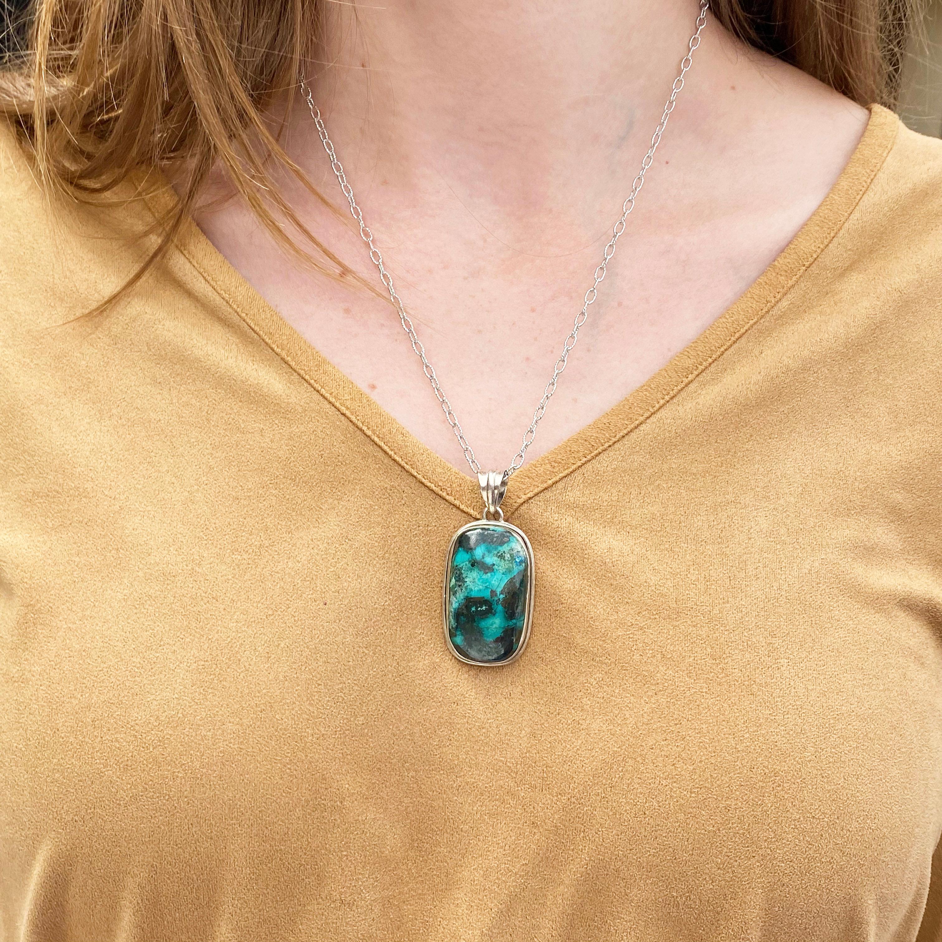 Modernist Azurite Sterling Pendant, Oval Organic Azurite in Bezel with Handmade Link Chain For Sale