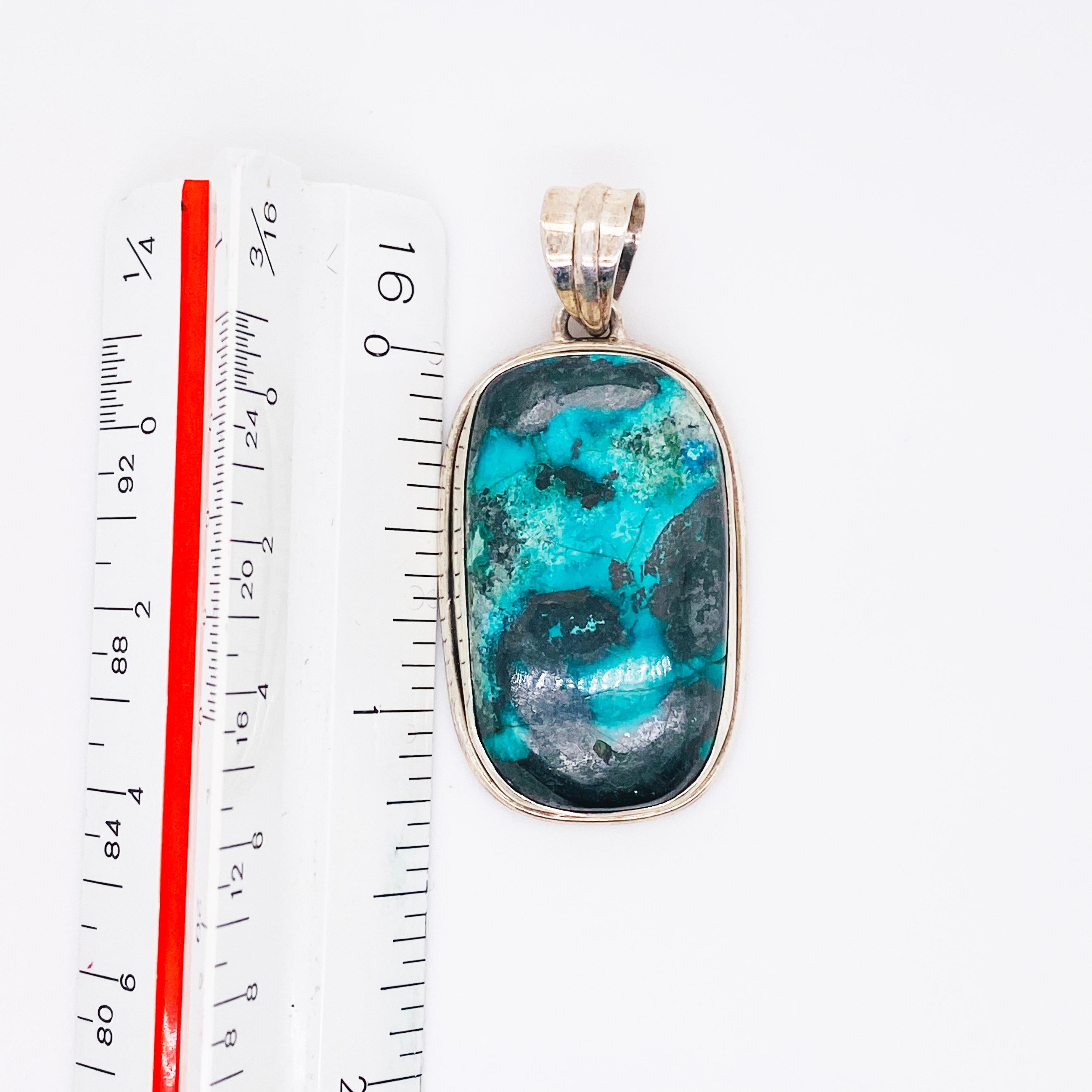 Cushion Cut Azurite Sterling Pendant, Oval Organic Azurite in Bezel with Handmade Link Chain For Sale