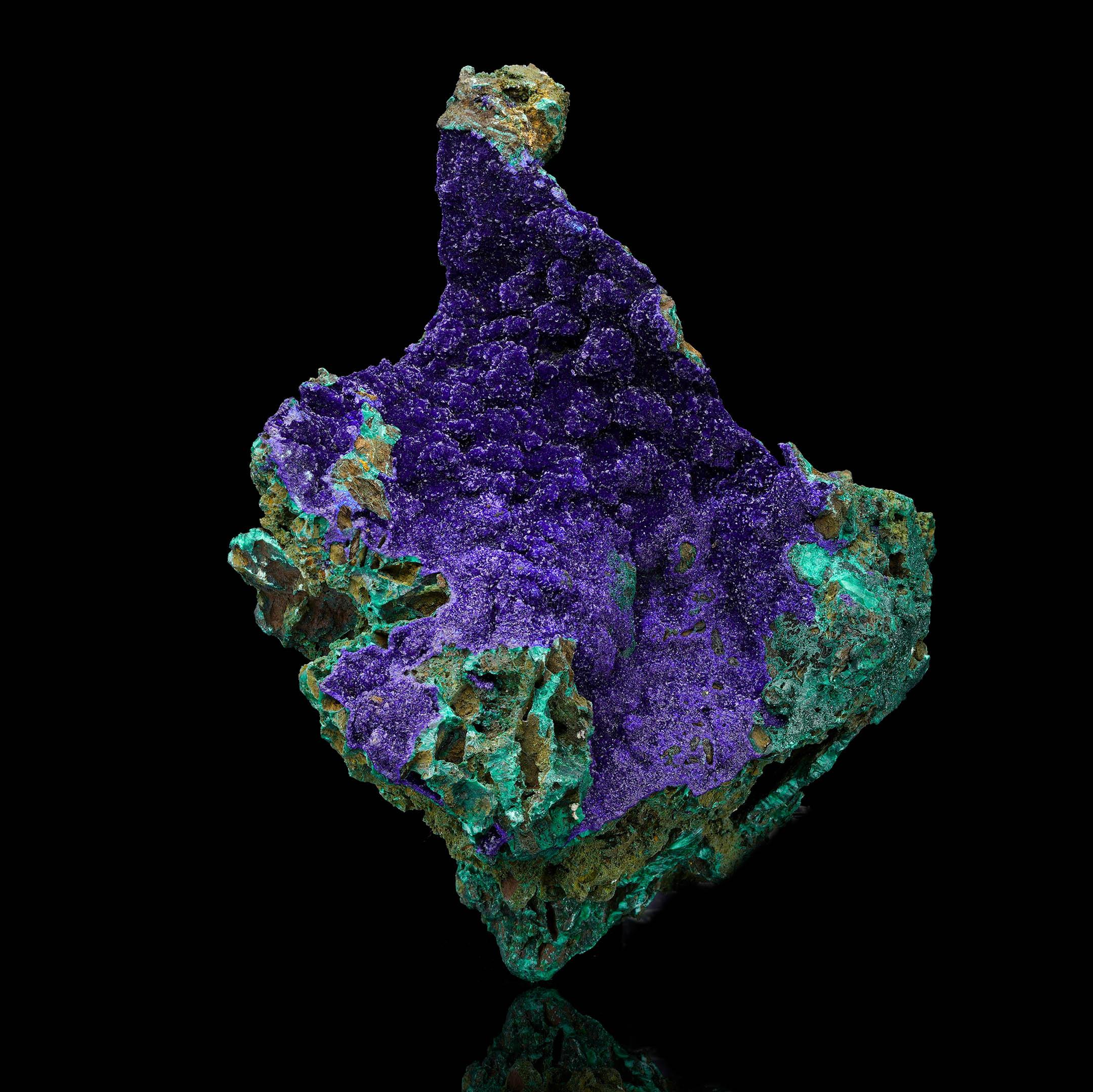 This Azurite with Malachite specimen out of China showcases a breathtaking display of deep royal blue crystal surfaces contrasted by the vibrant emerald-green hues of Malachite. The Azurite forms a rich, sparkling druse across the surface,