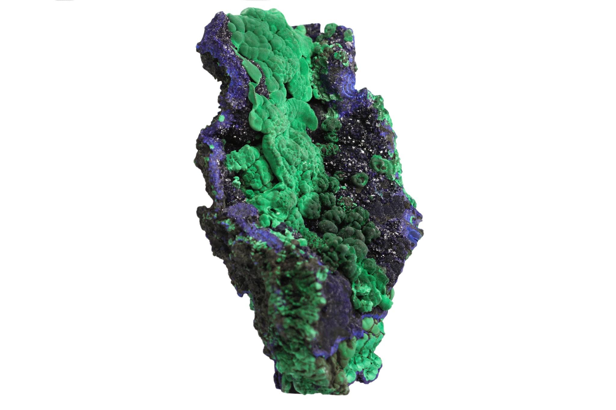 From Sepon Mine, Savannakhet Prov., Laos 

Large complex cluster of a layer of botryoidal velvet green malachite drapping over a lustrous layer dark-blue azurite crystals on matrix. Beautiful contrasting colors of deep royal blue and neon green. 

