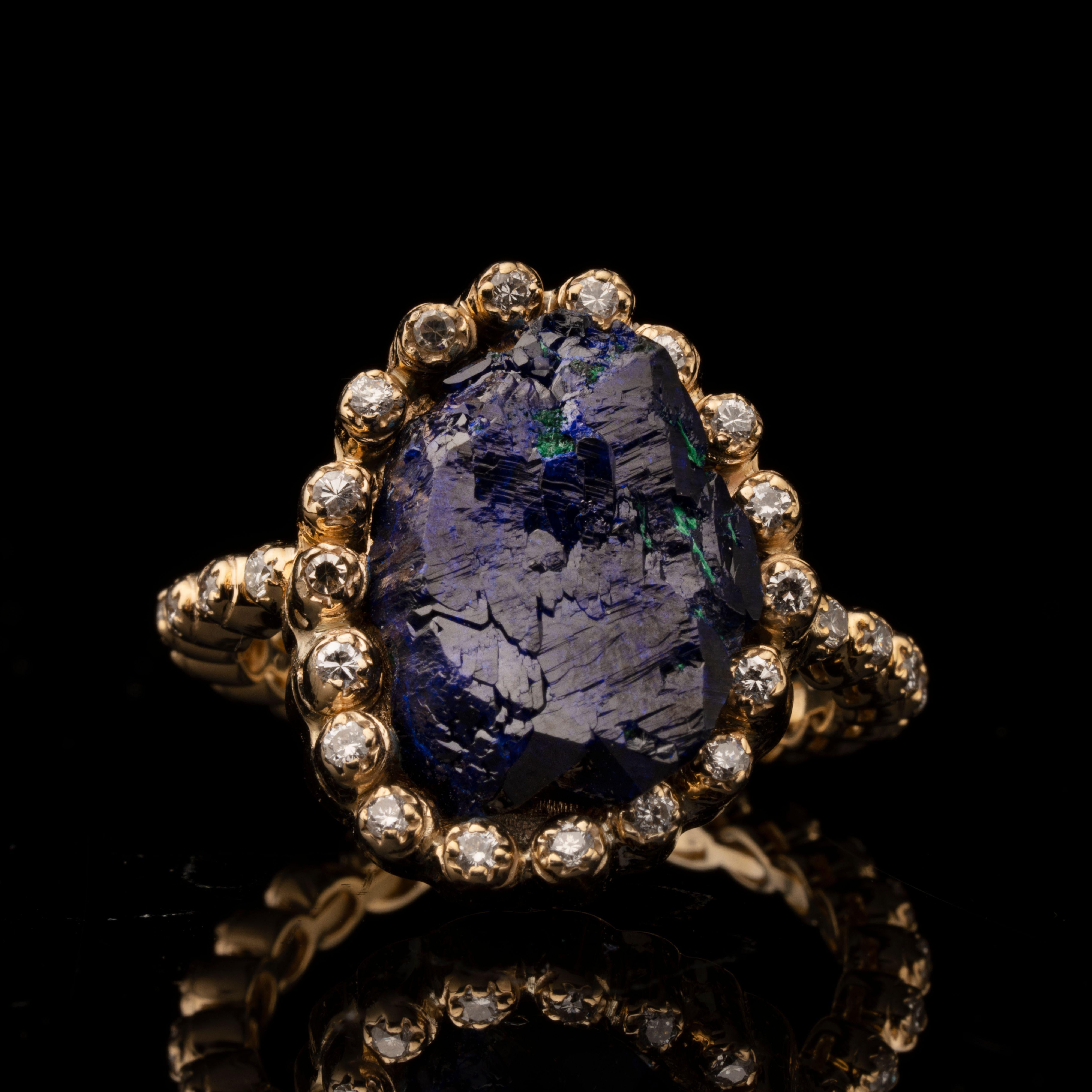 Azurite with White Diamonds 14 Karat Gold Ring In New Condition For Sale In New York, NY