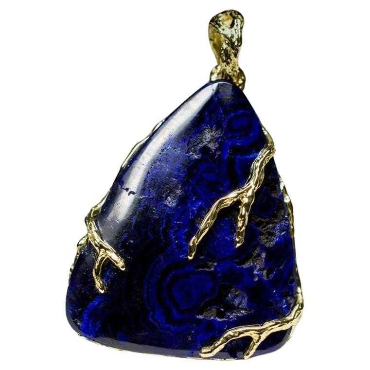 Azurite Yellow Gold Pendant Dark Blue Patterned Gem Triangle Black Magic