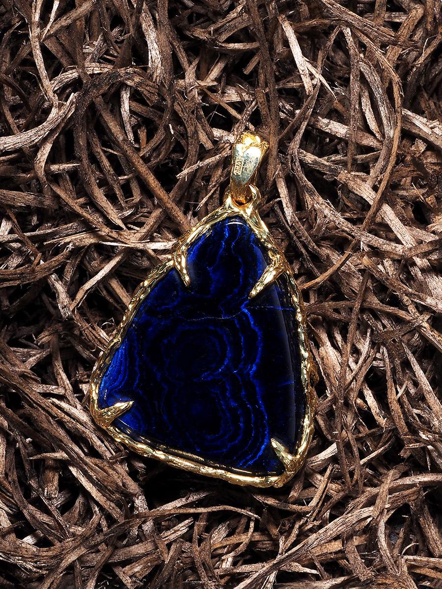 Art Nouveau Azurite Yellow Gold Pendant Dark Blue Patterned Gem Triangle Black Magic For Sale