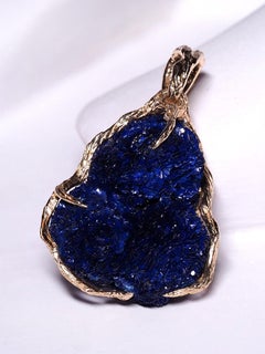 Azurite Yellow Gold Pendant Navy Blue Raw Uncut Crystals Unisex