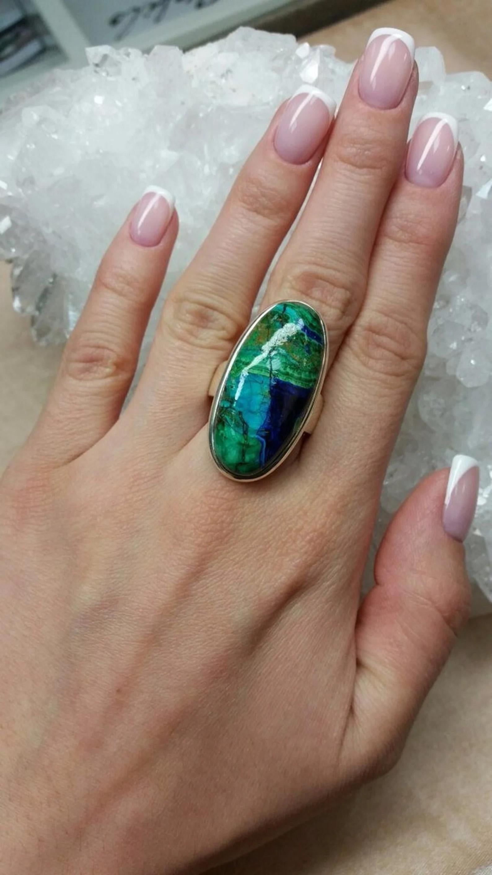 Artist Azurmalachite Silver Ring Azurite Malachite Cabochon Blue Green Gemstone