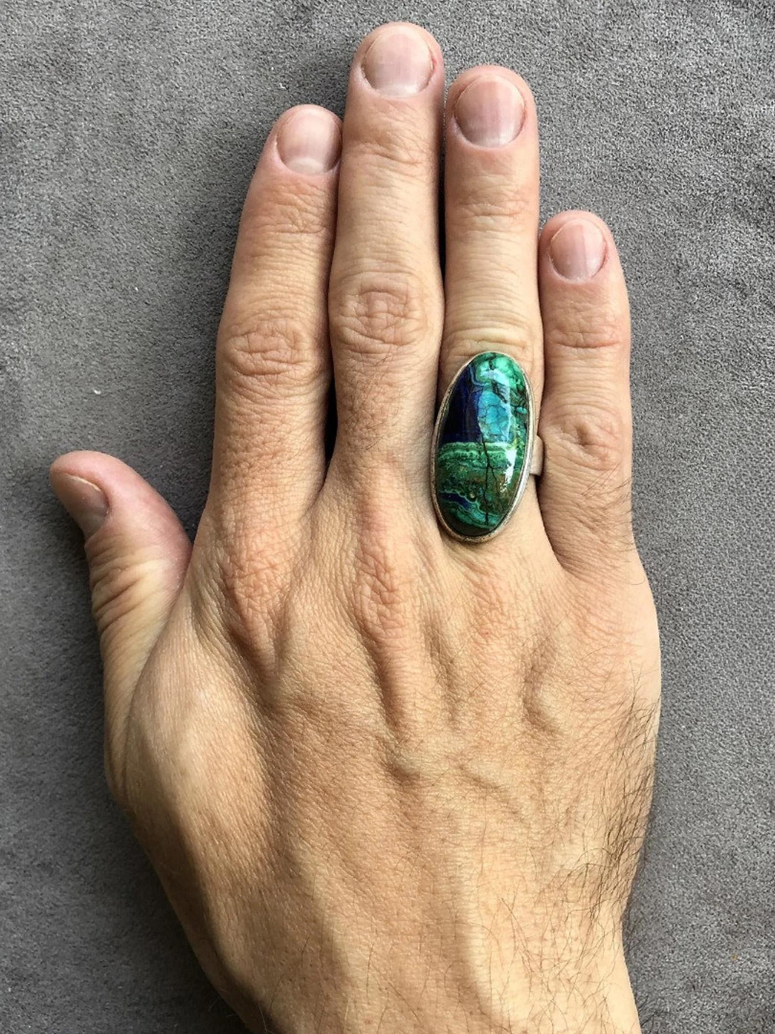 Oval Cut Azurmalachite Silver Ring Azurite Malachite Cabochon Blue Green Gemstone